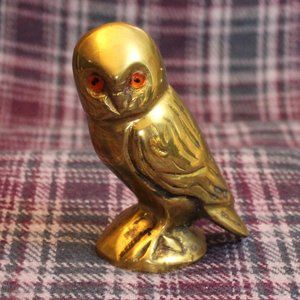 Vintage Brass Owl Figurine Orange glass Eyes